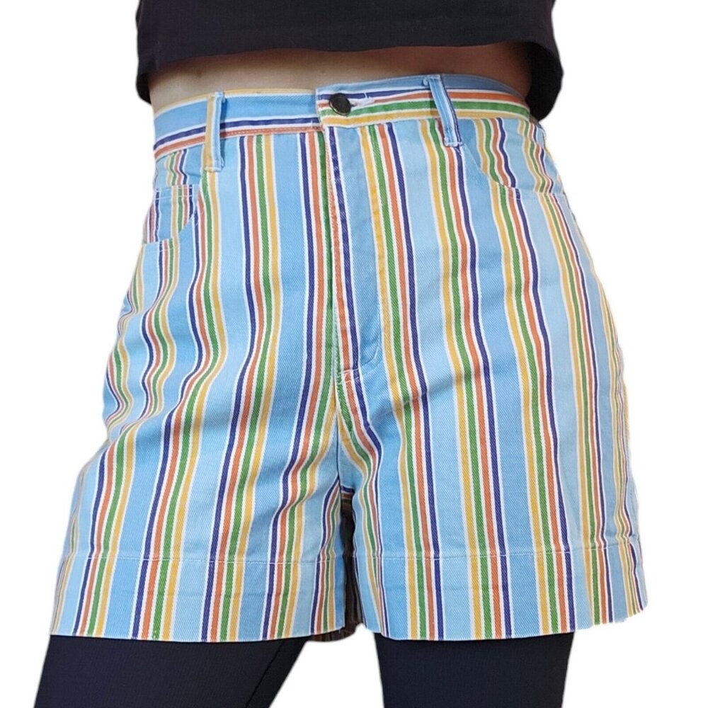 Vintage 90s Womens Size 8 Striped Denim Jean Mom Shorts Rainbow Blue High Waist